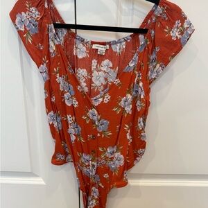 American Eagle Outfitters Red Floral Bodysuit
